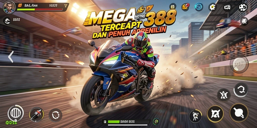 Screenshot gameplay MEGA388 yang menampilkan aksi balapan motor yang intens.